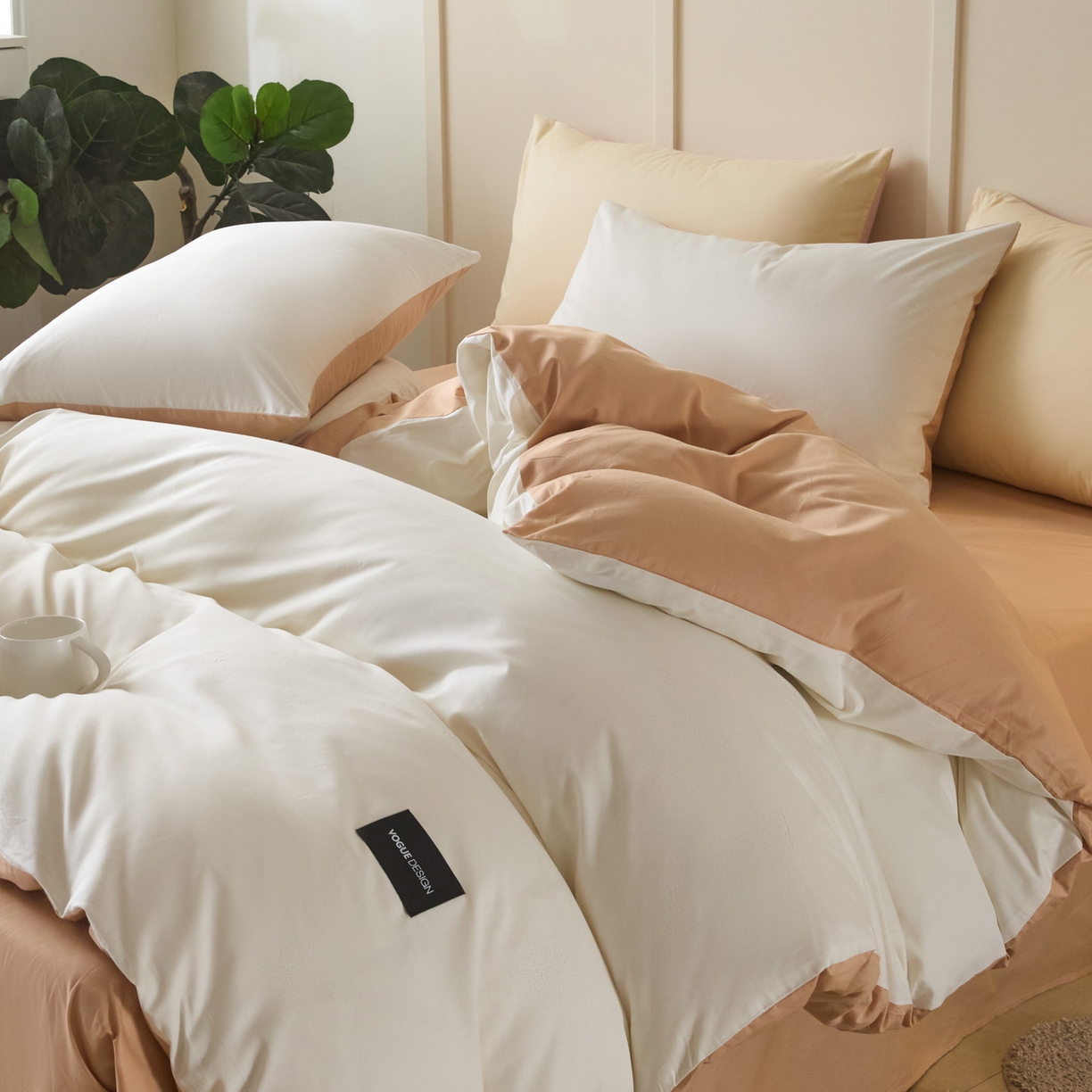 91家纺网 家纺一手货源 找家纺 乐美家纺 2025新款全棉双拼单被套 白+奶茶杏