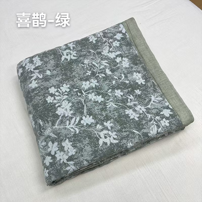 鲁爱家纺供货2025新款棉麻手包边夏被（纯跑量）喜鹊-绿