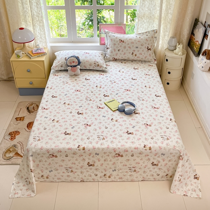 91家纺网 家纺一手货源 找家纺 莱通家纺 2025春夏新款12868纯棉印花四件套-系列二（商家提供买家秀） 花田小狗