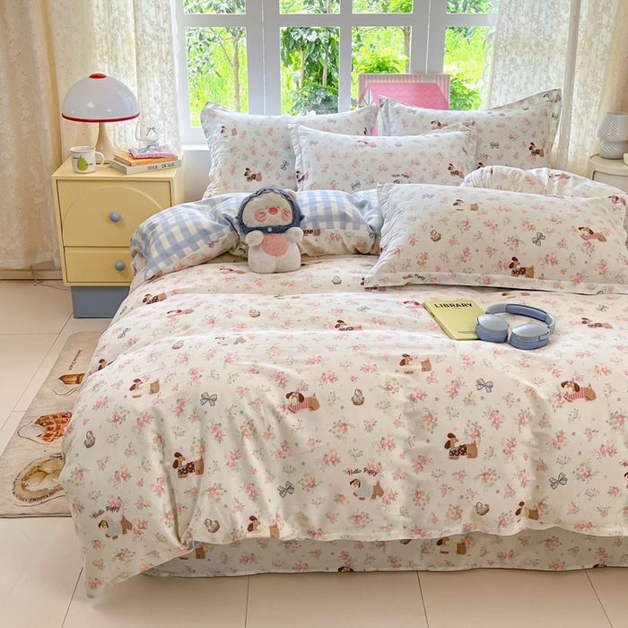 91家纺网 家纺一手货源 找家纺 莱通家纺 2025春夏新款12868纯棉印花四件套-系列二（商家提供买家秀） 花田小狗