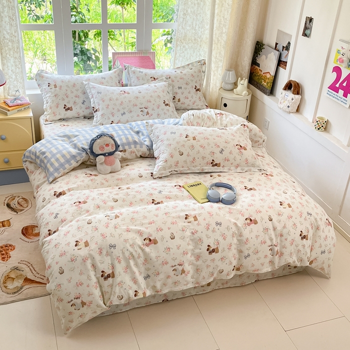 91家纺网 家纺一手货源 找家纺 莱通家纺 2025春夏新款12868纯棉印花四件套-系列二（商家提供买家秀） 花田小狗