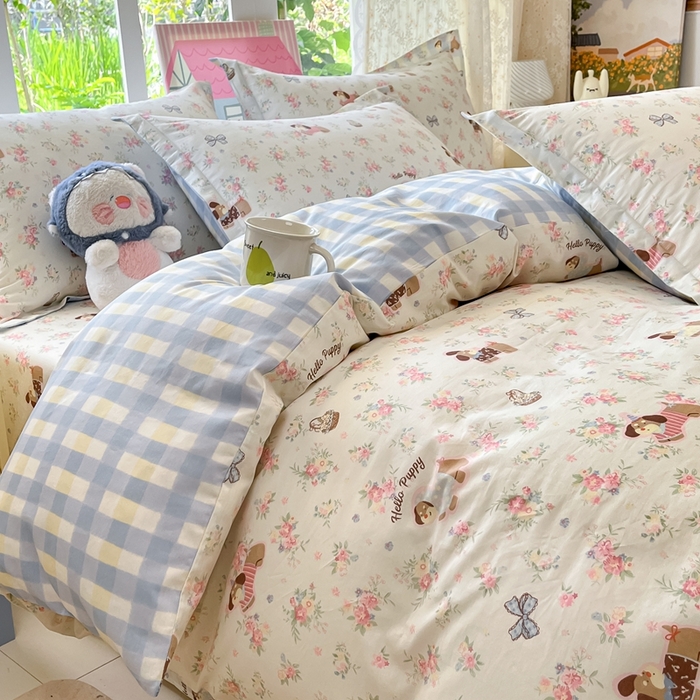 91家纺网 家纺一手货源 找家纺 莱通家纺 2025春夏新款12868纯棉印花四件套-系列二（商家提供买家秀） 花田小狗