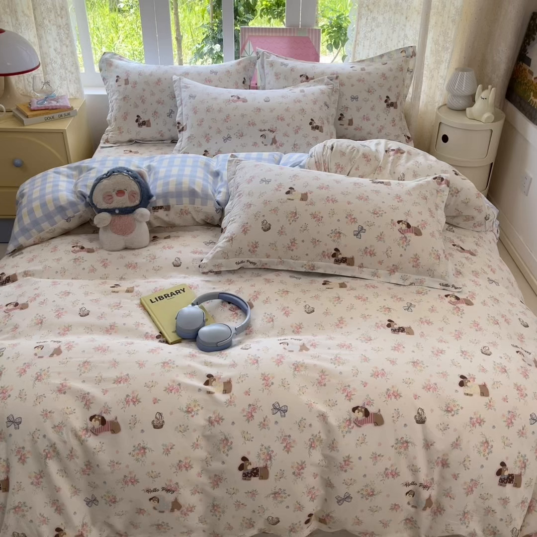 91家纺网 家纺一手货源 找家纺 莱通家纺 2025春夏新款12868纯棉印花四件套-系列二（商家提供买家秀） 花田小狗