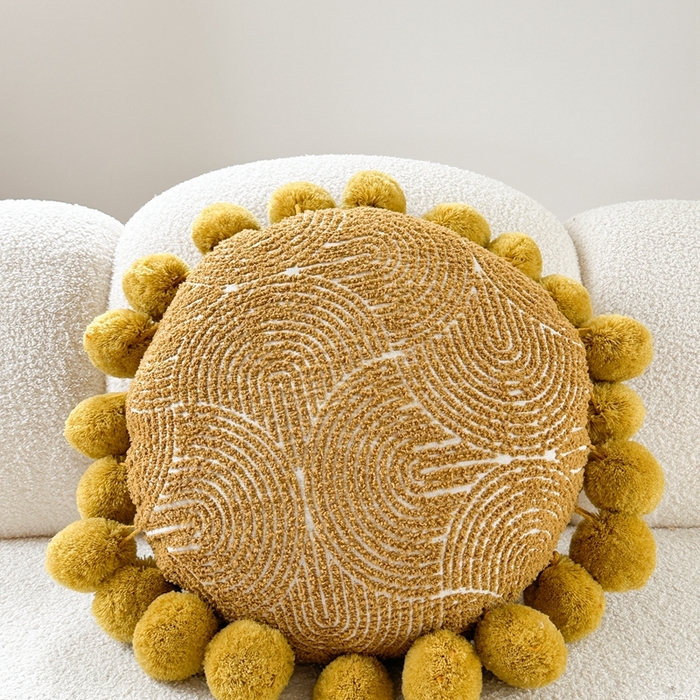 918拾朵家居 2025新款北欧ins风创意抱枕 半边绒球球圆枕(黄）