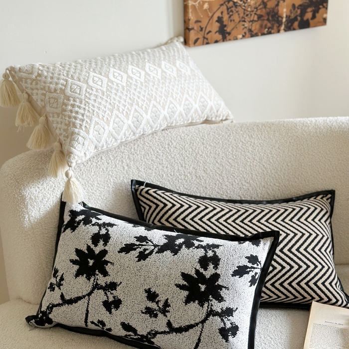 91家纺网 家纺一手货源 找家纺 （总）918拾朵家居 2025新款黑白复古风轻奢抱枕长条腰靠