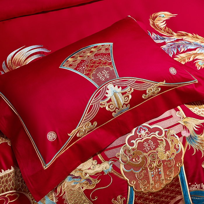 91家纺网 家纺一手货源 找家纺 用心 2025年新款长绒棉重工绣花婚庆四件套多件套 龙凤九天