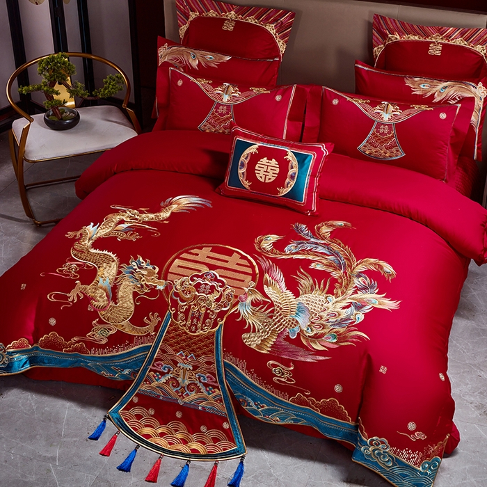 91家纺网 家纺一手货源 找家纺 用心 2025年新款长绒棉重工绣花婚庆四件套多件套 龙凤九天