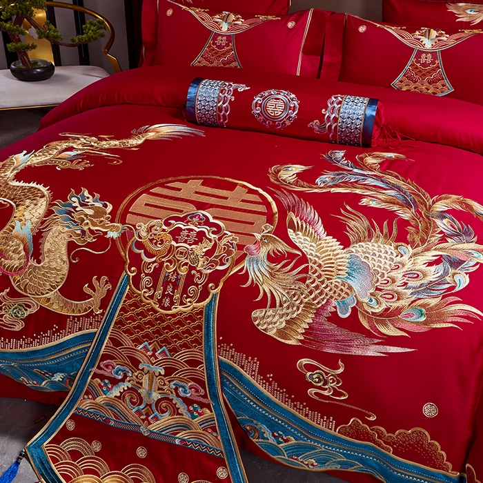 91家纺网 家纺一手货源 找家纺 用心 2025年新款长绒棉重工绣花婚庆四件套多件套 龙凤九天