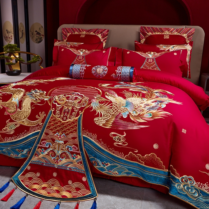 91家纺网 家纺一手货源 找家纺 用心 2025年新款长绒棉重工绣花婚庆四件套多件套 龙凤九天