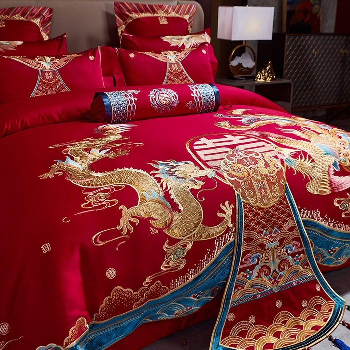 91家纺网 家纺一手货源 找家纺 用心 2025年新款长绒棉重工绣花婚庆四件套多件套 龙凤九天