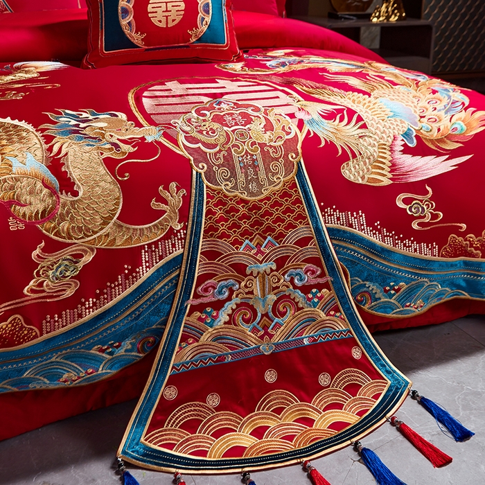 91家纺网 家纺一手货源 找家纺 用心 2025年新款长绒棉重工绣花婚庆四件套多件套 龙凤九天