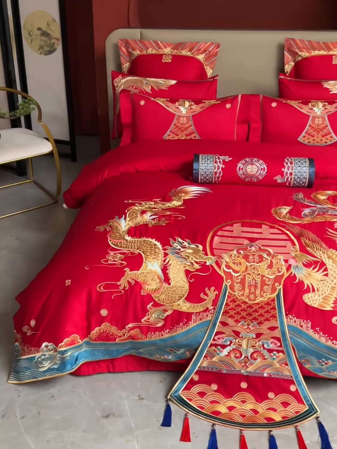 91家纺网 家纺一手货源 找家纺 用心 2025年新款长绒棉重工绣花婚庆四件套多件套 龙凤九天