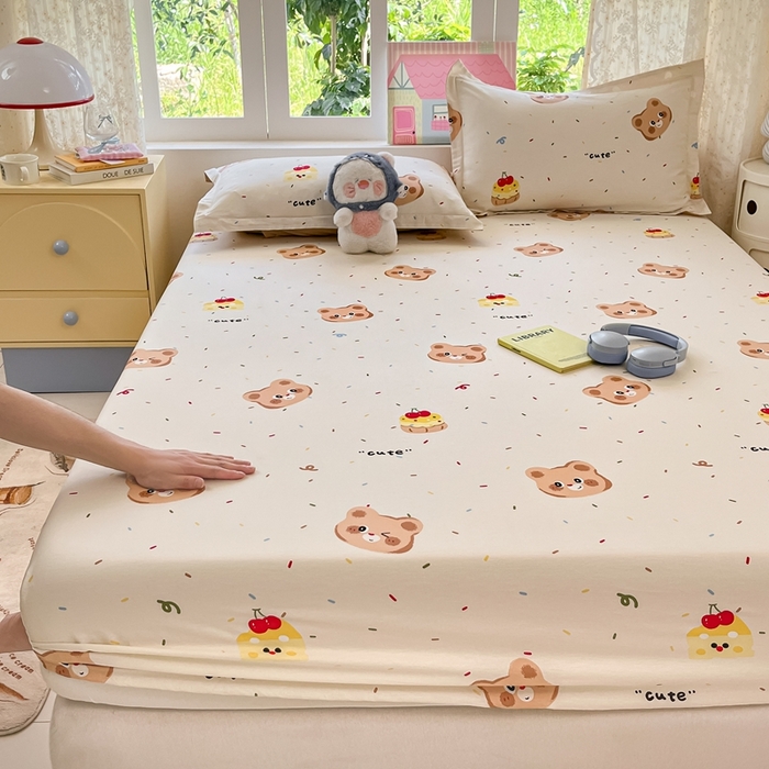 91家纺网 家纺一手货源 找家纺 莱通家纺 2025春夏新款12868纯棉印花单床笠 床笠单件-系列二（商家提供买家秀） 蛋糕熊