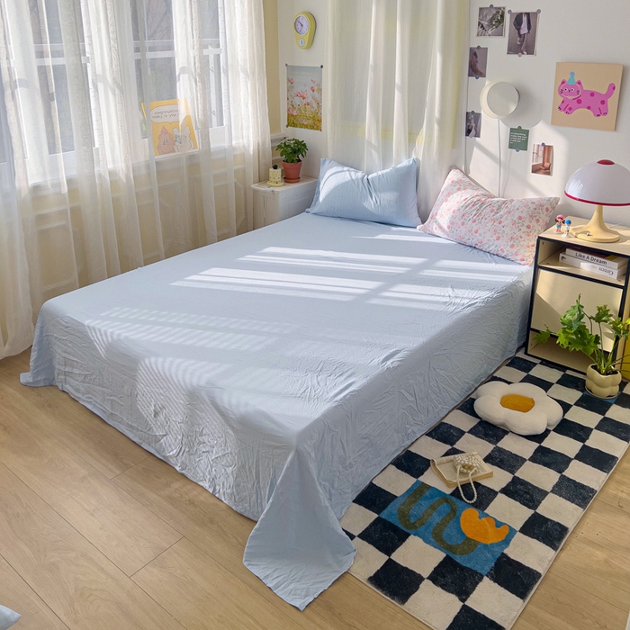 91家纺网 家纺一手货源 找家纺 仟人梦 2025新款超柔110克水洗云朵棉纯色单床单-叠拍图 浅蓝