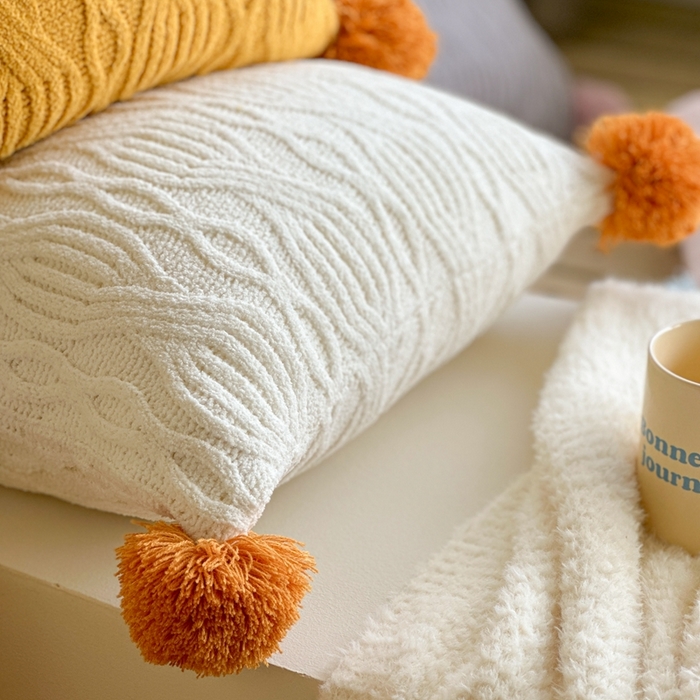 91家纺网 家纺一手货源 找家纺 （总）918拾朵家居 2025新款雪尼尔撞色毛球枕