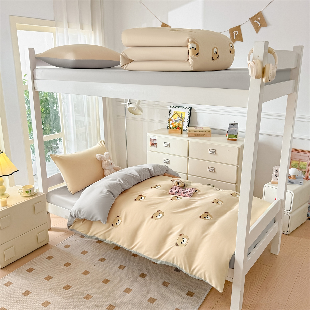 笙意家纺 2025亲肤水洗棉学生宿舍三件套上下铺三件套-满绣系列 饼干熊-奶茶+山灰