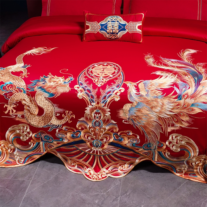 91家纺网 家纺一手货源 找家纺 用心 2025年新款长绒棉重工绣花婚庆四件套多件套 皇朝龙凤