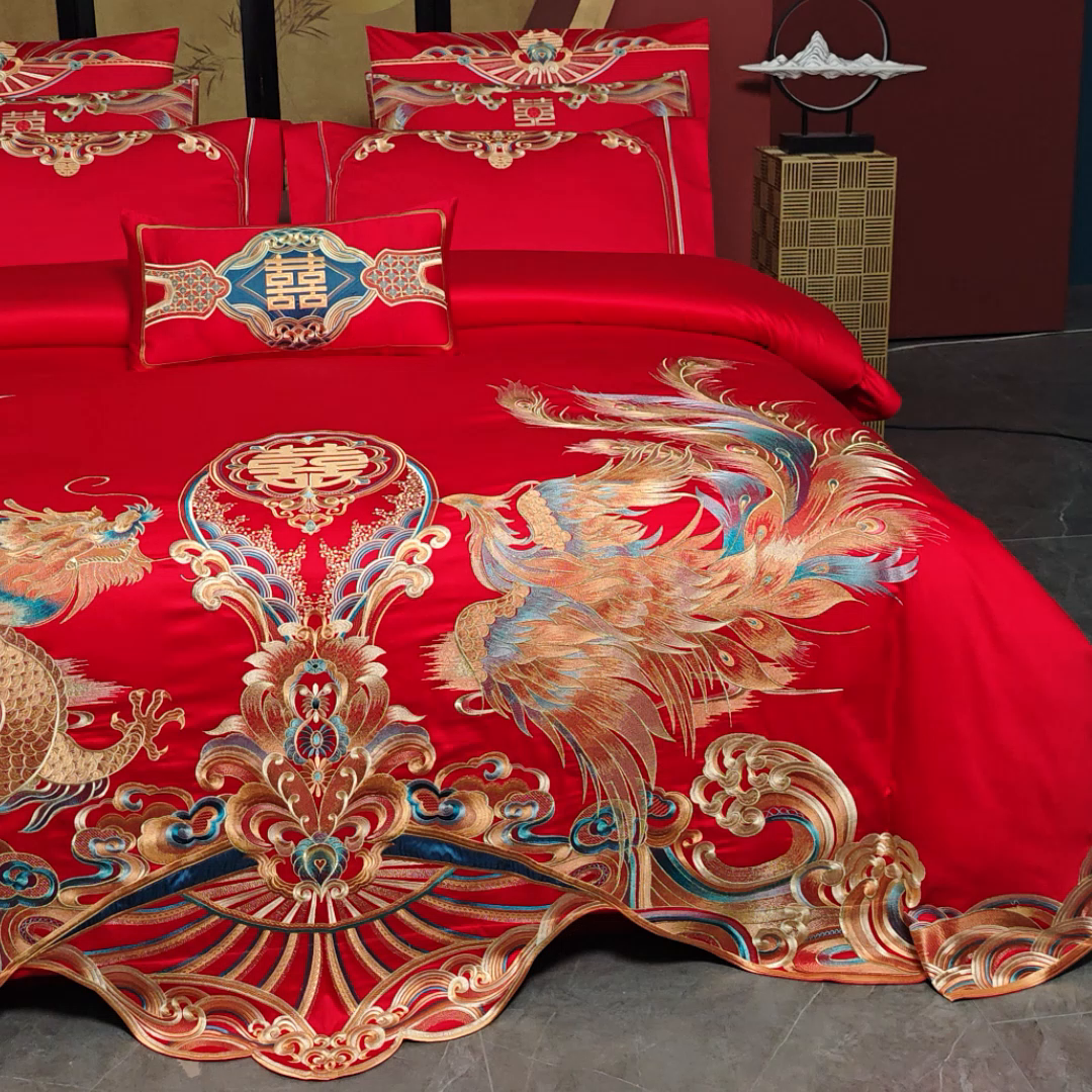 91家纺网 家纺一手货源 找家纺 用心 2025年新款长绒棉重工绣花婚庆四件套多件套 皇朝龙凤