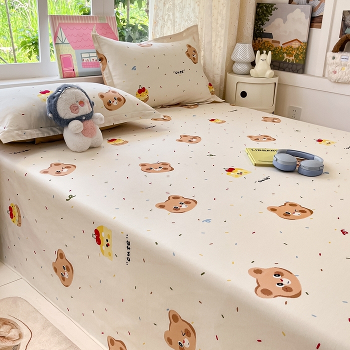91家纺网 家纺一手货源 找家纺 莱通家纺 2025春夏新款12868纯棉印花单床单 床单单件-系列二（商家提供买家秀） 蛋糕熊