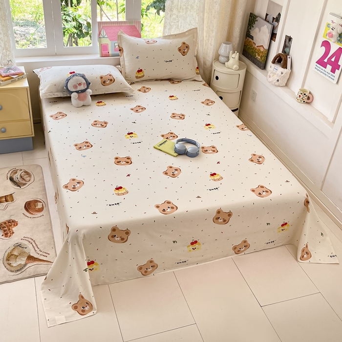 91家纺网 家纺一手货源 找家纺 莱通家纺 2025春夏新款12868纯棉印花单床单 床单单件-系列二（商家提供买家秀） 蛋糕熊
