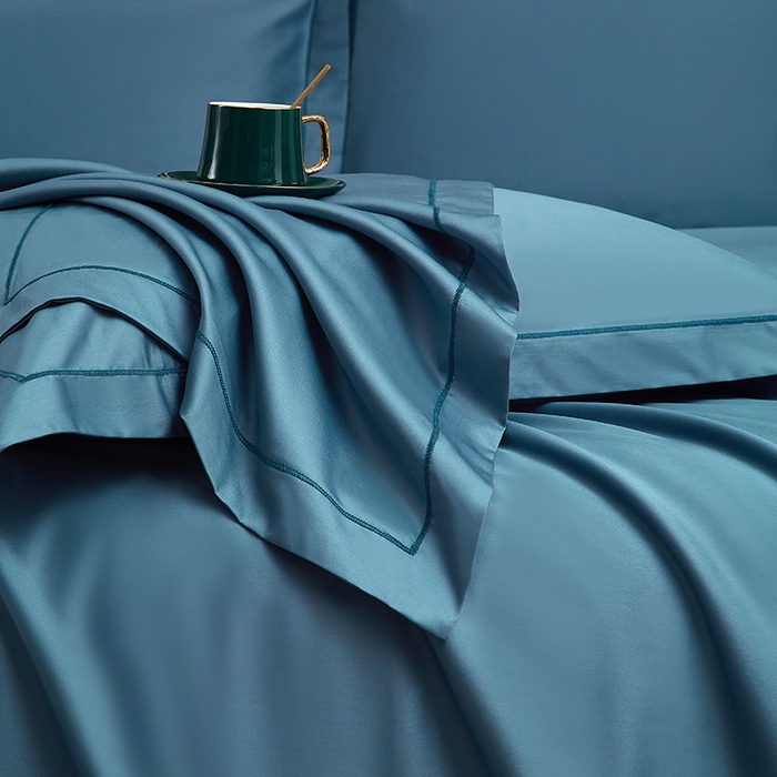 91家纺网 家纺一手货源 找家纺 威克凯丽 2024新款100S净色长绒棉四件套 风暴蓝