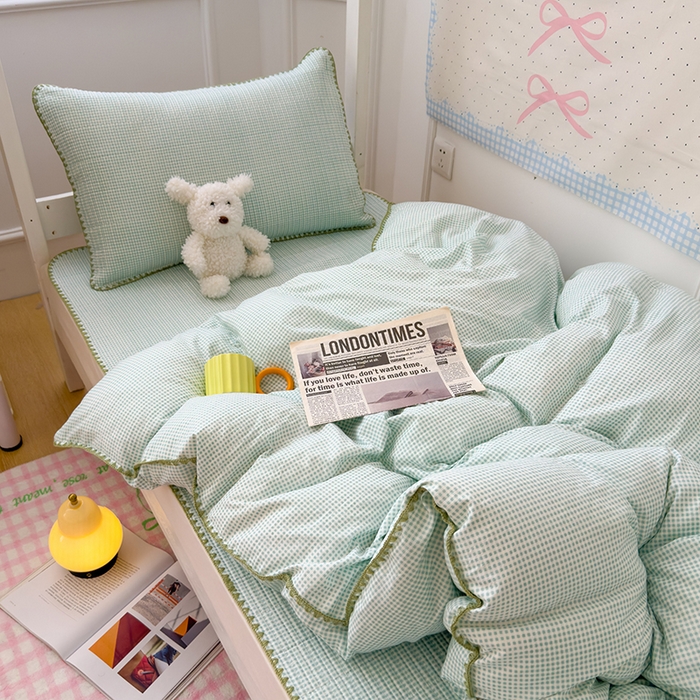 赫梵茜 2025新款经典小格纹云朵棉格子款学生床盖单品床盖床盖单件三件套 青绿