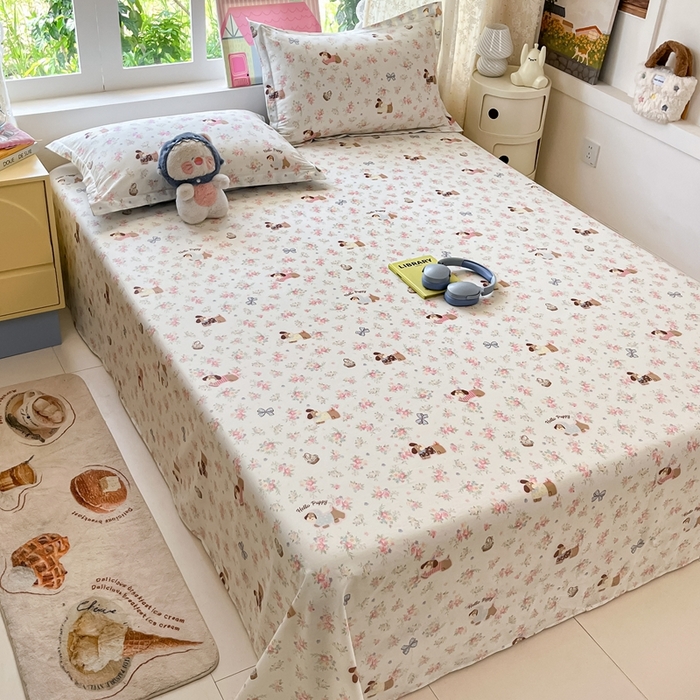 91家纺网 家纺一手货源 找家纺 莱通家纺 2025春夏新款12868纯棉印花单床单 床单单件-系列二（商家提供买家秀） 花田小狗