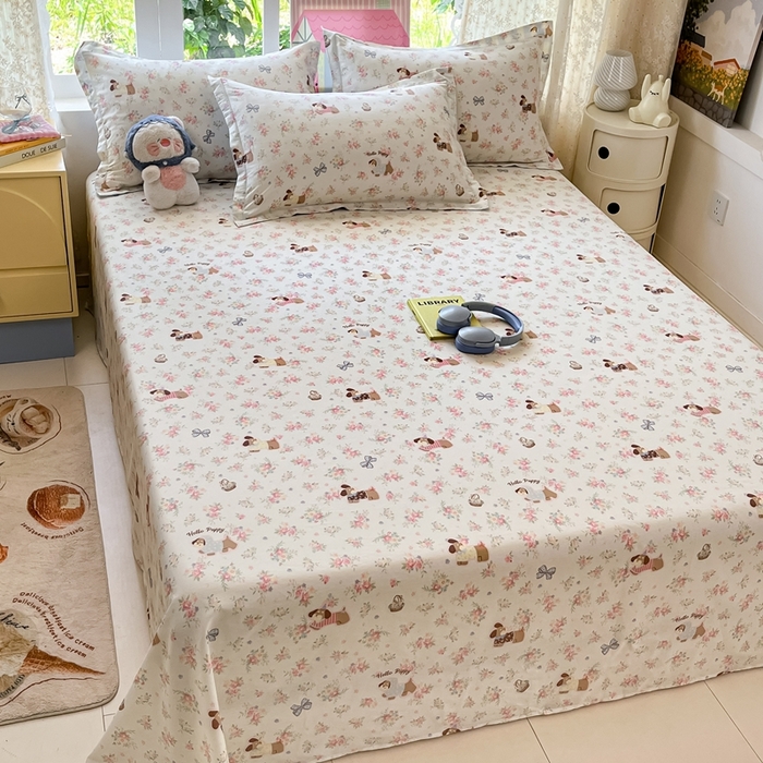 91家纺网 家纺一手货源 找家纺 莱通家纺 2025春夏新款12868纯棉印花单床单 床单单件-系列二（商家提供买家秀） 花田小狗