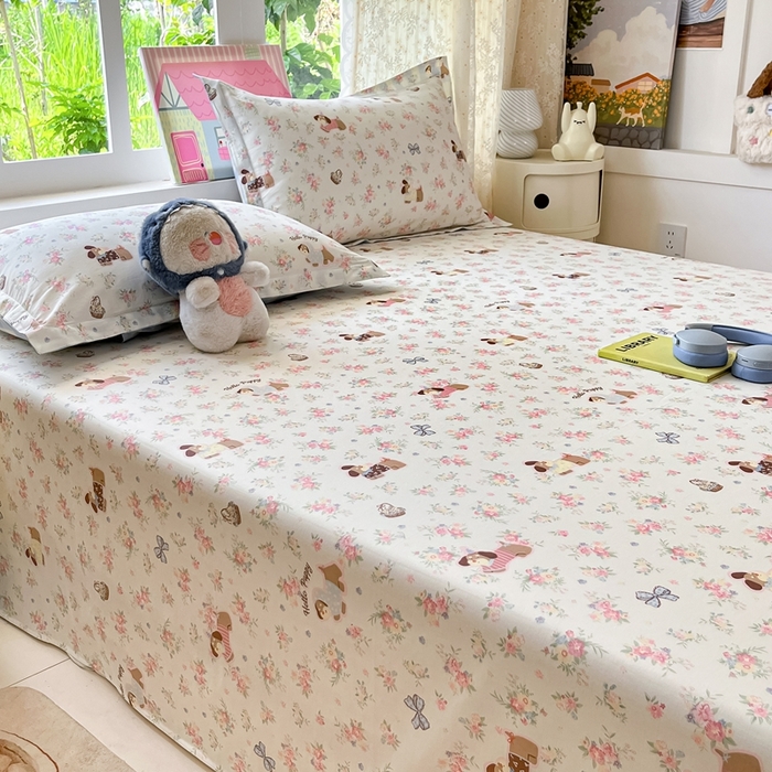 91家纺网 家纺一手货源 找家纺 莱通家纺 2025春夏新款12868纯棉印花单床单 床单单件-系列二（商家提供买家秀） 花田小狗