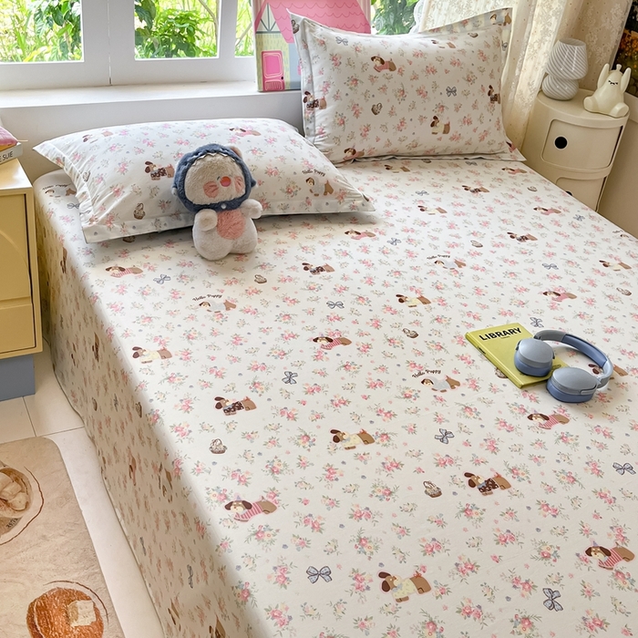 91家纺网 家纺一手货源 找家纺 莱通家纺 2025春夏新款12868纯棉印花单床单 床单单件-系列二（商家提供买家秀） 花田小狗