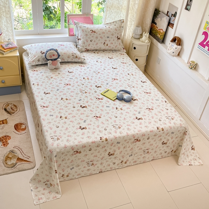 91家纺网 家纺一手货源 找家纺 莱通家纺 2025春夏新款12868纯棉印花单床单 床单单件-系列二（商家提供买家秀） 花田小狗