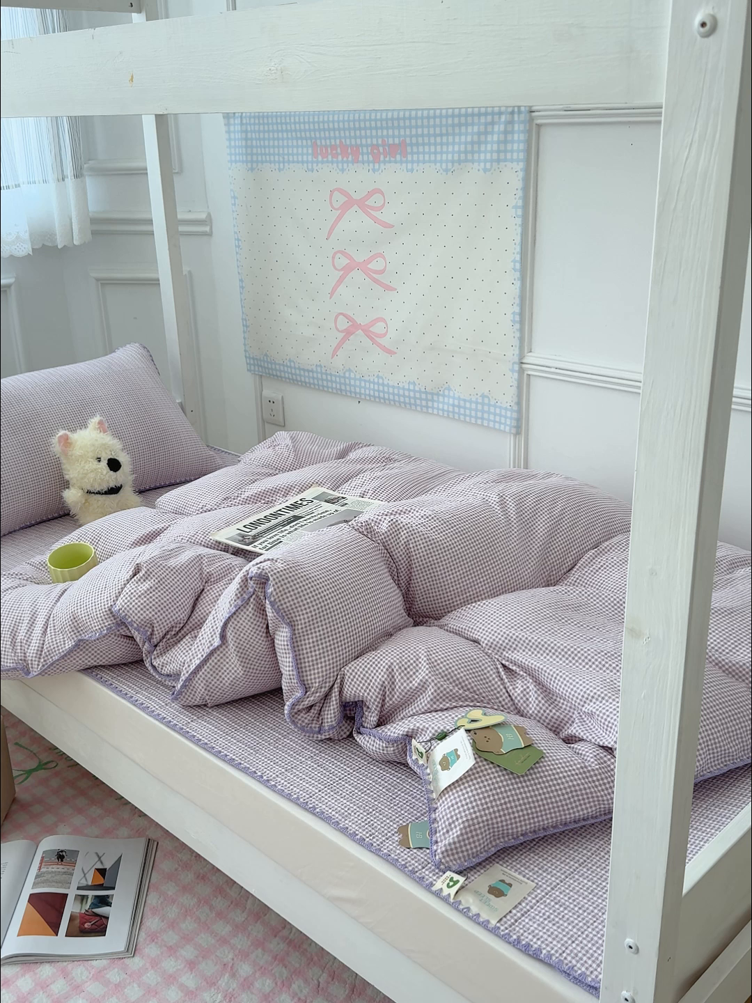 91家纺网 家纺一手货源 找家纺 赫梵茜 2025新款经典小格纹云朵棉格子款学生床盖单品床盖床盖单件三件套 紫格