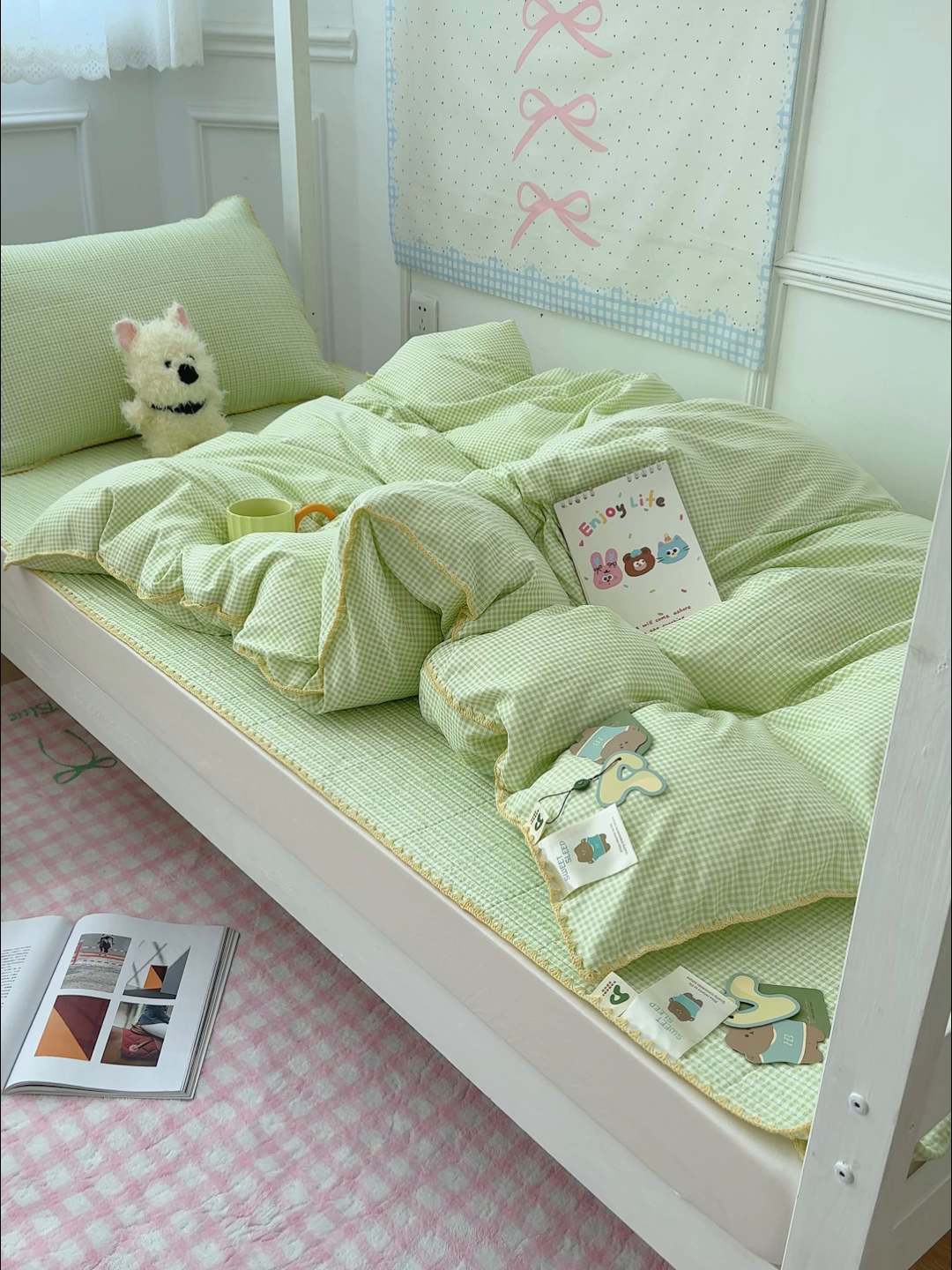 91家纺网 家纺一手货源 找家纺 赫梵茜 2025新款经典小格纹云朵棉格子款学生床盖单品床盖床盖单件三件套 绿格