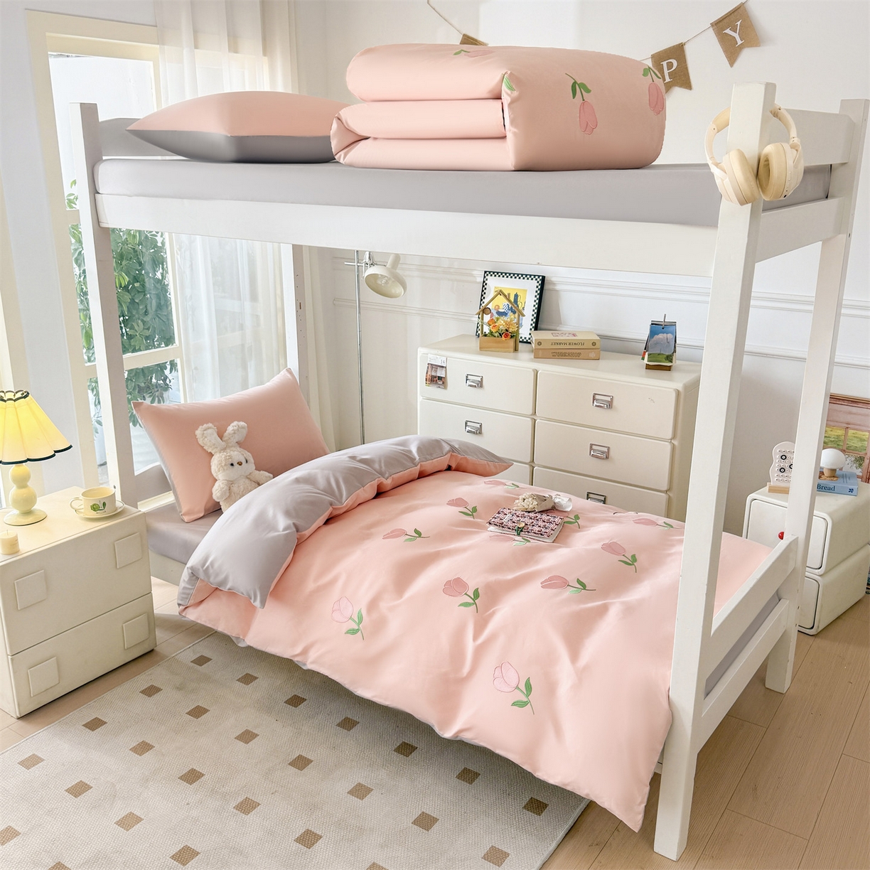 笙意家纺 2025亲肤水洗棉学生宿舍三件套上下铺三件套-满绣系列 花朵-奶油粉+山灰