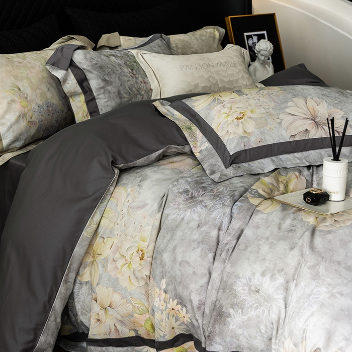 91家纺网 家纺一手货源 找家纺 威克凯丽 2024新款长绒棉数码印花100S磨毛双拼四件套 华丽世-B迪灰