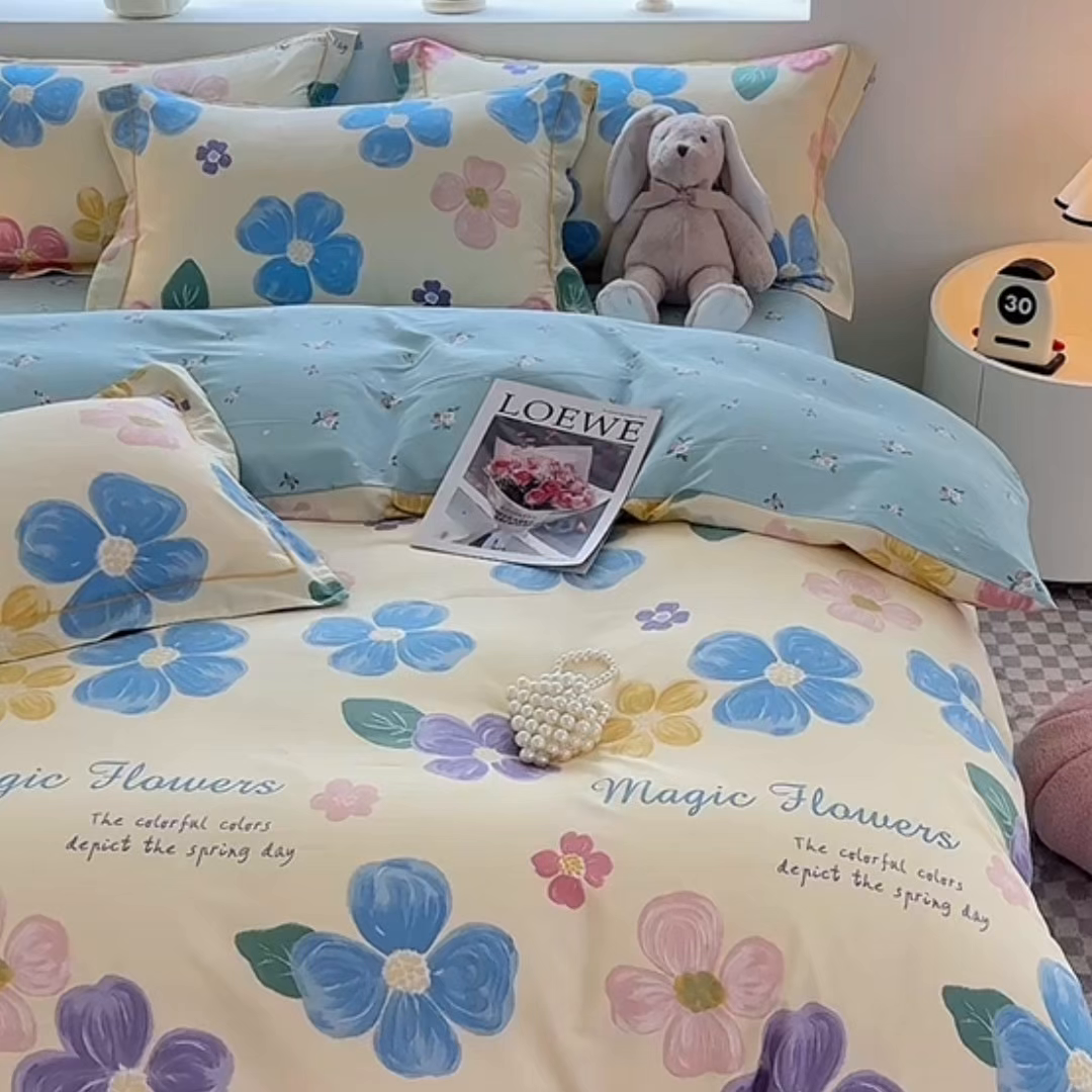 91家纺网 家纺一手货源 找家纺 宇彬家纺 2025直播新款13070全棉纯棉印花床单床笠款四件套和单被套一字绣工艺款 一字绣 花屿芷