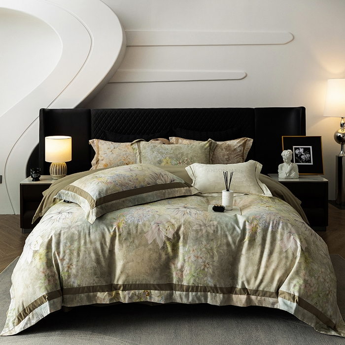 威克凯丽 2024新款长绒棉数码印花100S磨毛双拼四件套 华丽世-B莫兰迪绿