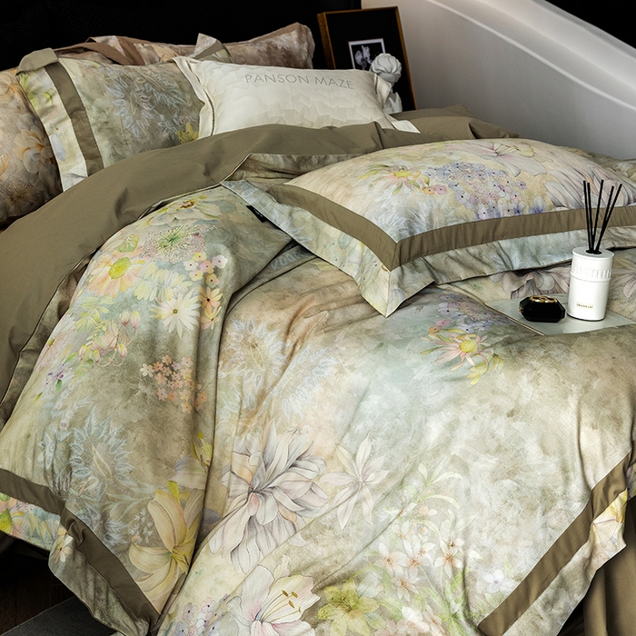 91家纺网 家纺一手货源 找家纺 威克凯丽 2024新款长绒棉数码印花100S磨毛双拼四件套 华丽世-B莫兰迪绿