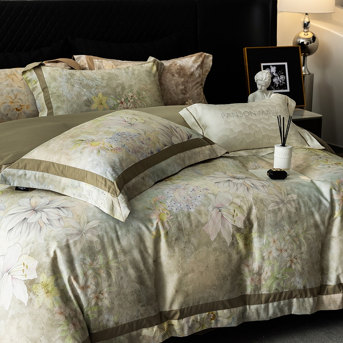 91家纺网 家纺一手货源 找家纺 威克凯丽 2024新款长绒棉数码印花100S磨毛双拼四件套 华丽世-B莫兰迪绿