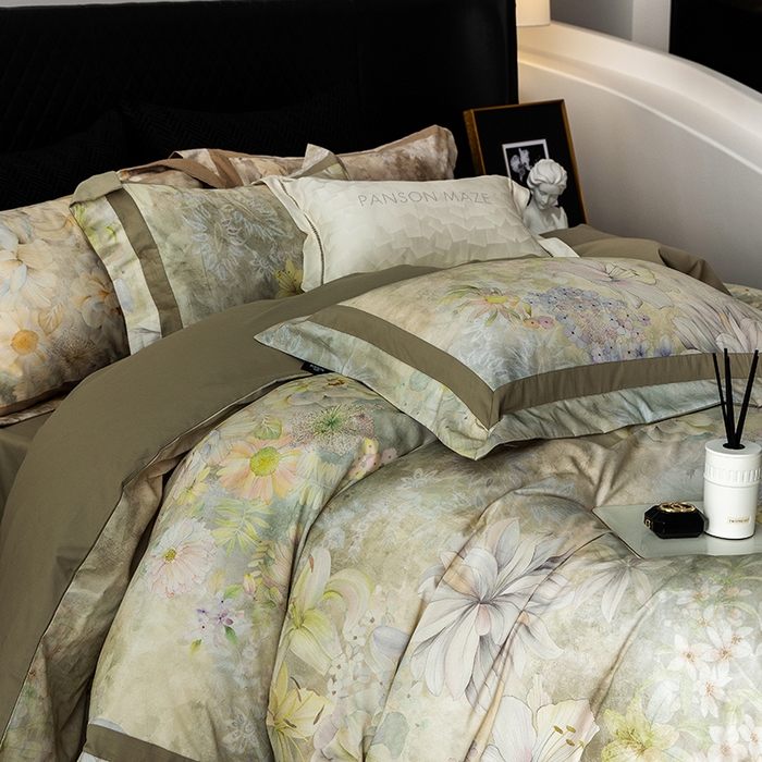 91家纺网 家纺一手货源 找家纺 威克凯丽 2024新款长绒棉数码印花100S磨毛双拼四件套 华丽世-B莫兰迪绿