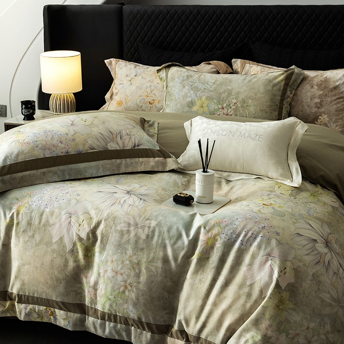 91家纺网 家纺一手货源 找家纺 威克凯丽 2024新款长绒棉数码印花100S磨毛双拼四件套 华丽世-B莫兰迪绿