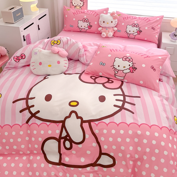 91家纺网 家纺一手货源 找家纺 暮思家居 2025新款正版授权三丽鸥大版全棉纯棉数码印花四件套系列-第四批 大版-条纹KT