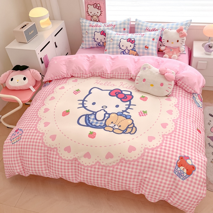 91家纺网 家纺一手货源 找家纺 暮思家居 2025新款正版授权三丽鸥大版全棉纯棉数码印花四件套系列-第四批 大版-奶油KT