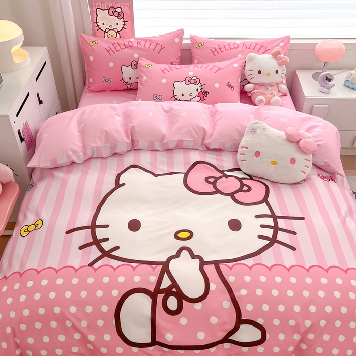 91家纺网 家纺一手货源 找家纺 暮思家居 2025新款正版授权三丽鸥大版全棉纯棉数码印花四件套系列-第四批 大版-条纹KT