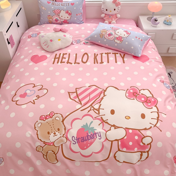 91家纺网 家纺一手货源 找家纺 暮思家居 2025新款正版授权三丽鸥大版全棉纯棉数码印花四件套系列-第四批 大版-草莓KT