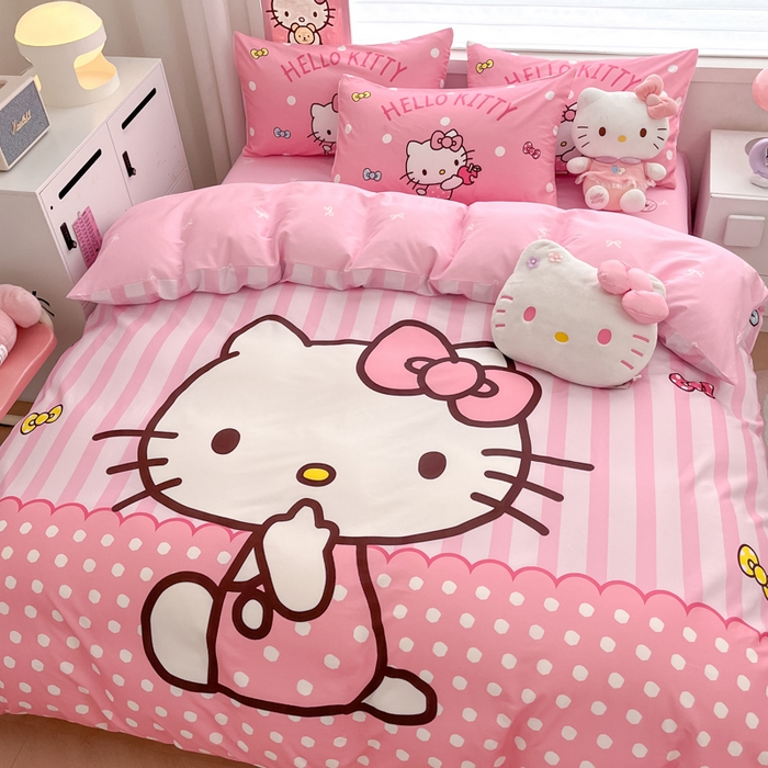 91家纺网 家纺一手货源 找家纺 暮思家居 2025新款正版授权三丽鸥大版全棉纯棉数码印花四件套系列-第四批 大版-条纹KT