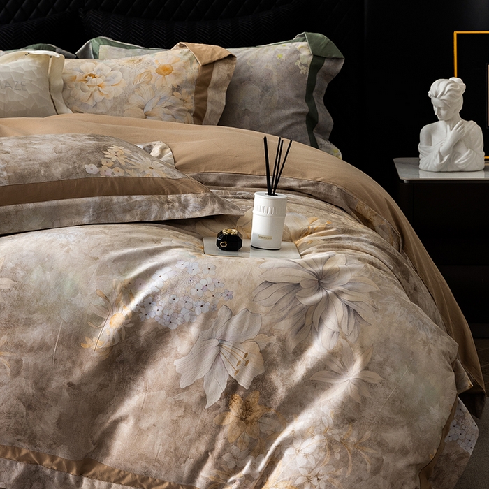 91家纺网 家纺一手货源 找家纺 威克凯丽 2024新款长绒棉数码印花100S磨毛双拼四件套 华丽世-B浅驼