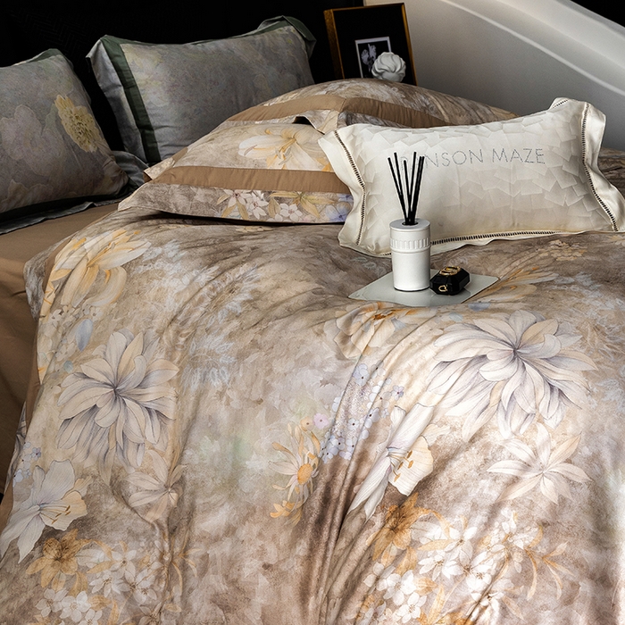 91家纺网 家纺一手货源 找家纺 威克凯丽 2024新款长绒棉数码印花100S磨毛双拼四件套 华丽世-B浅驼