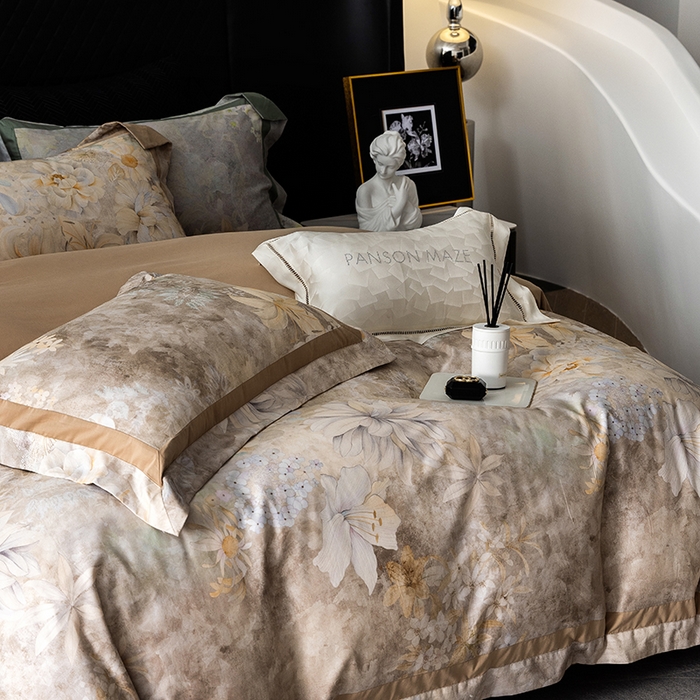 91家纺网 家纺一手货源 找家纺 威克凯丽 2024新款长绒棉数码印花100S磨毛双拼四件套 华丽世-B浅驼