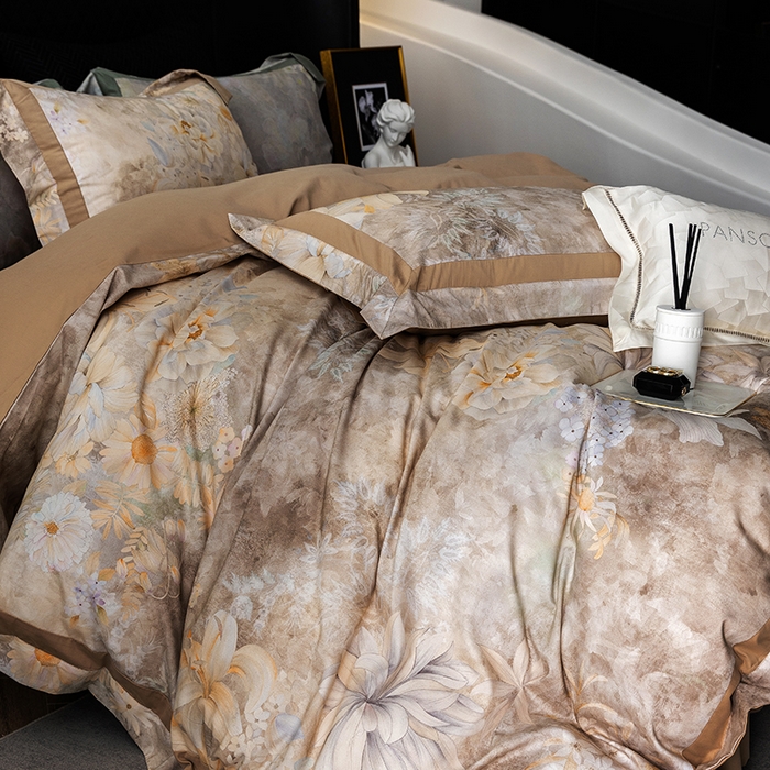 91家纺网 家纺一手货源 找家纺 威克凯丽 2024新款长绒棉数码印花100S磨毛双拼四件套 华丽世-B浅驼